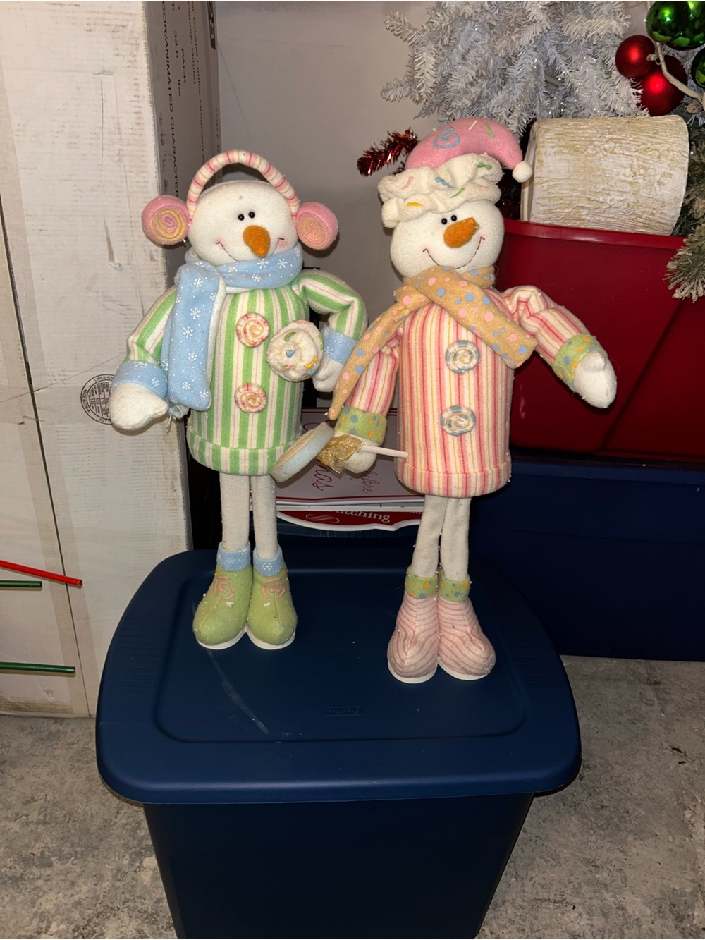 Pair of Striped Plush Snowman Holiday Plush Dolls - Pink & Green